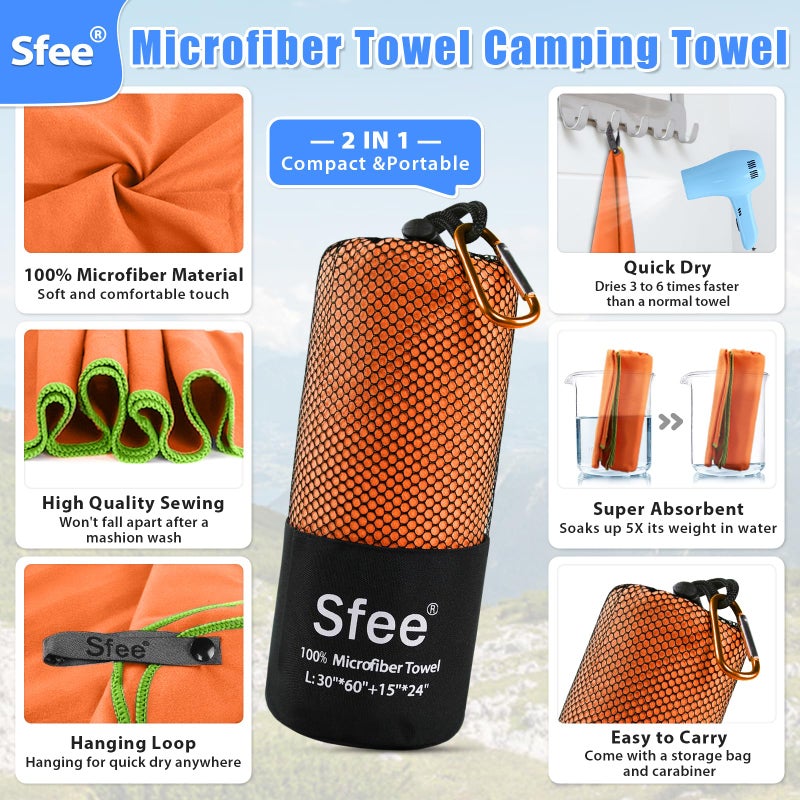 Sfee 2 Pack Microfiber Travel Towel, Quick Dry Towel Camping Towel Beach Towel Super Absorbent Compact Lightweight Sports Gym Towels Set for Beach, Gym, Hiking, Pool, Backpacking, Bath, Yoga - Image 2